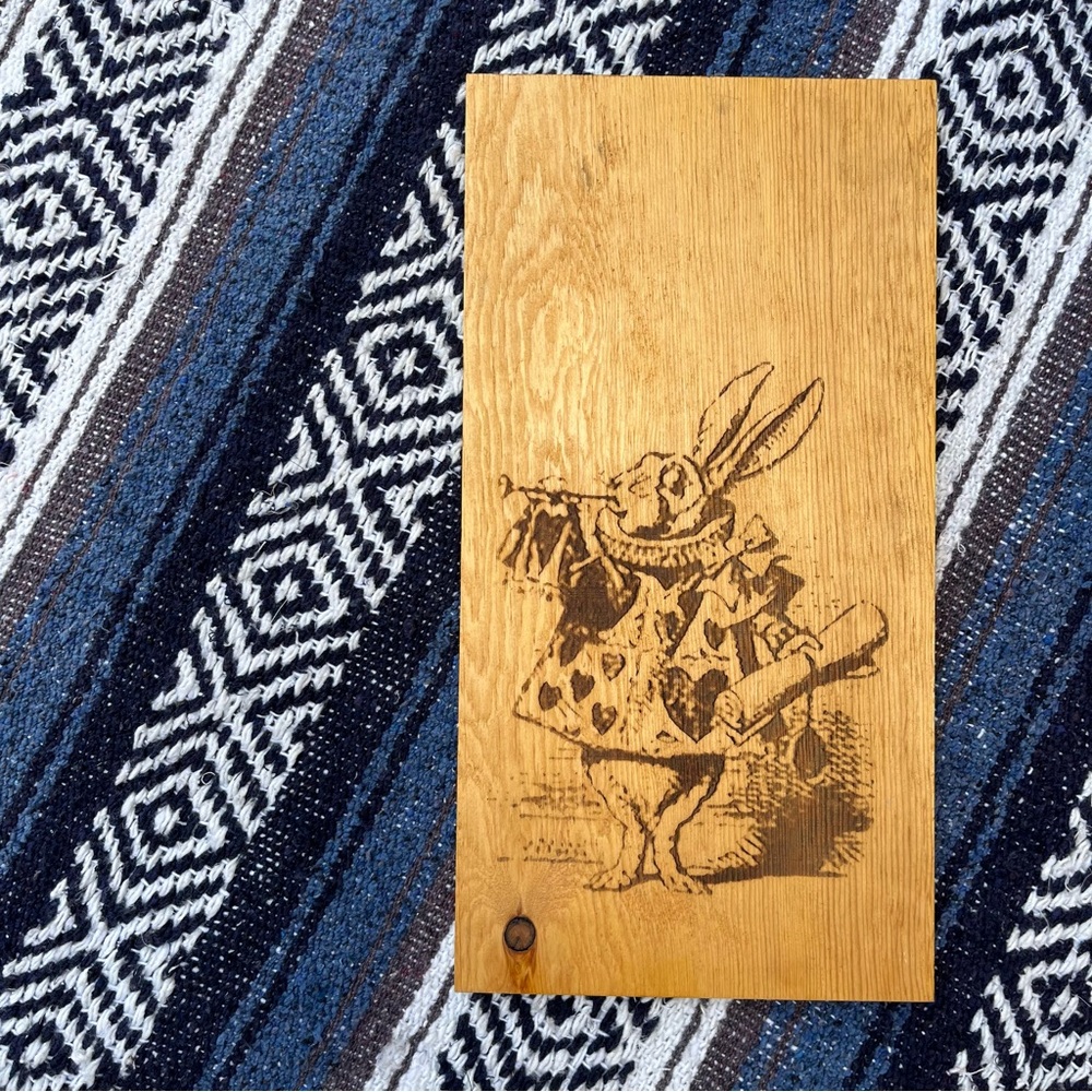 Handmade Wonderland White Rabbit Wood Burning Alice Lewis Carroll Hearts